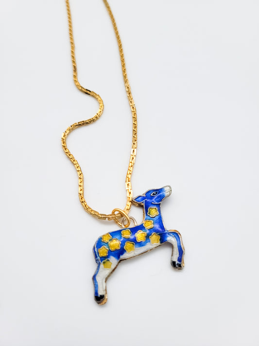 Vintage Cloisonné Blue Deer Necklace